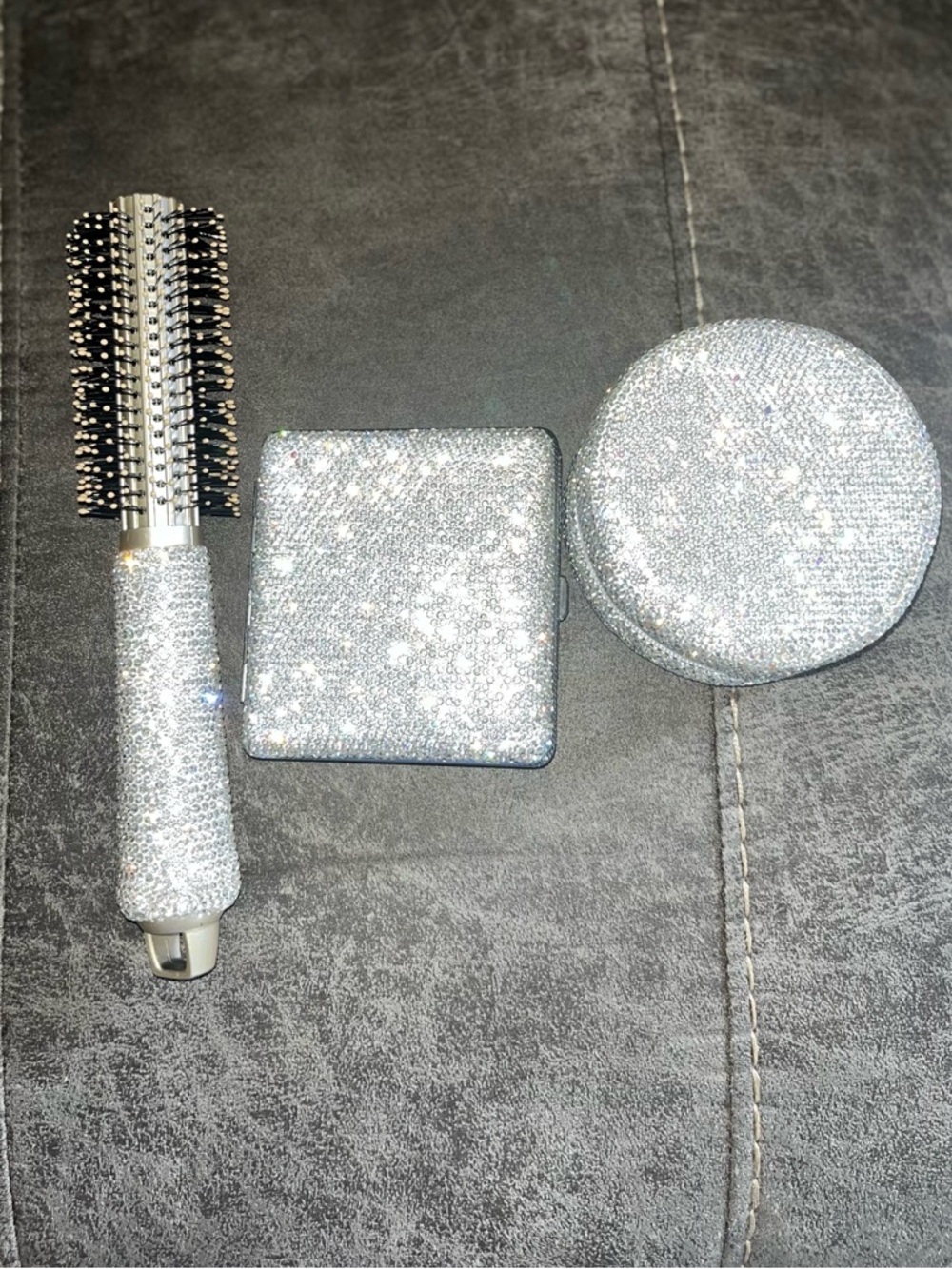 Silver Gem Round Jewelry Box, Square Compact & Round Brush Set